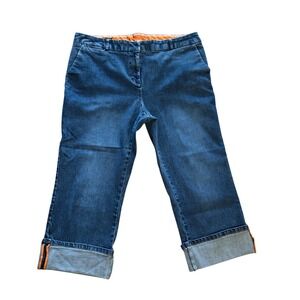 Lands End Womens Size 18 Blue Denim Cropped Capri Pants Cuffed Stretch Med Wash
